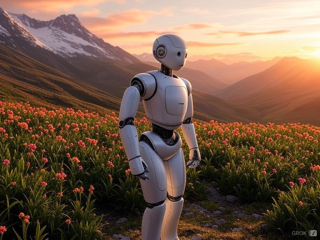 Robot in a mountain flower field