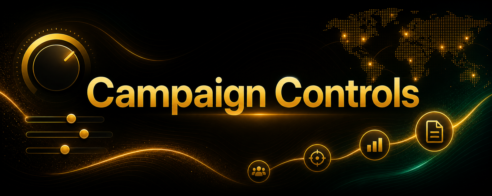 Centered Campaign Controls title card with subtle budget and map decorations