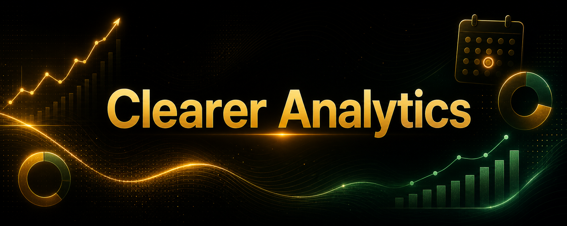 Centered Clearer Analytics title card with subtle chart and date decorations