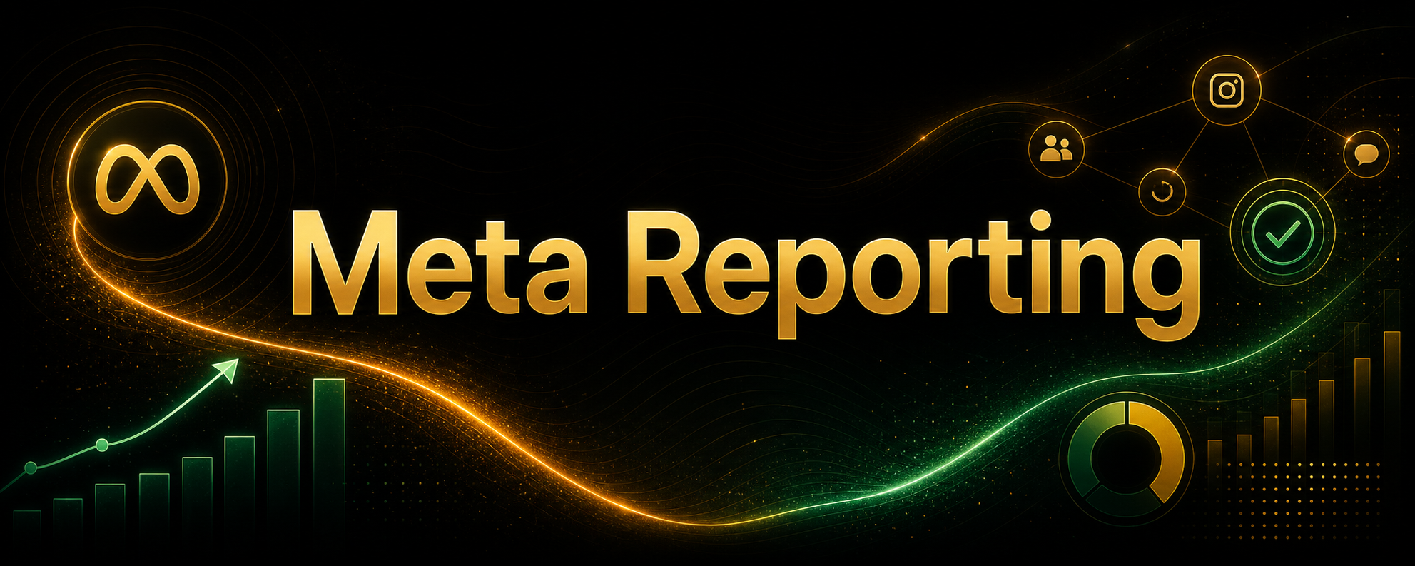 Centered Meta Reporting title card with subtle social analytics decorations