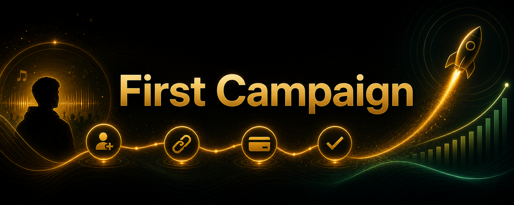 Centered First Campaign title card with subtle path and launch decorations