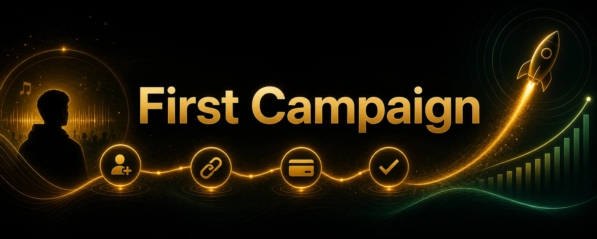 Centered First Campaign title card with subtle path and launch decorations