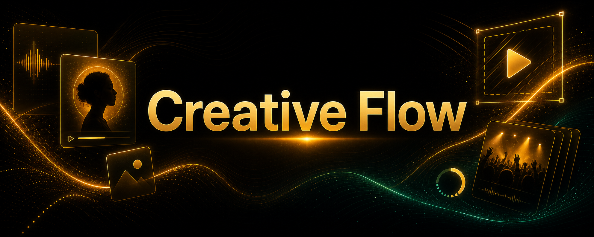 Centered Creative Flow title card with subtle media and render decorations