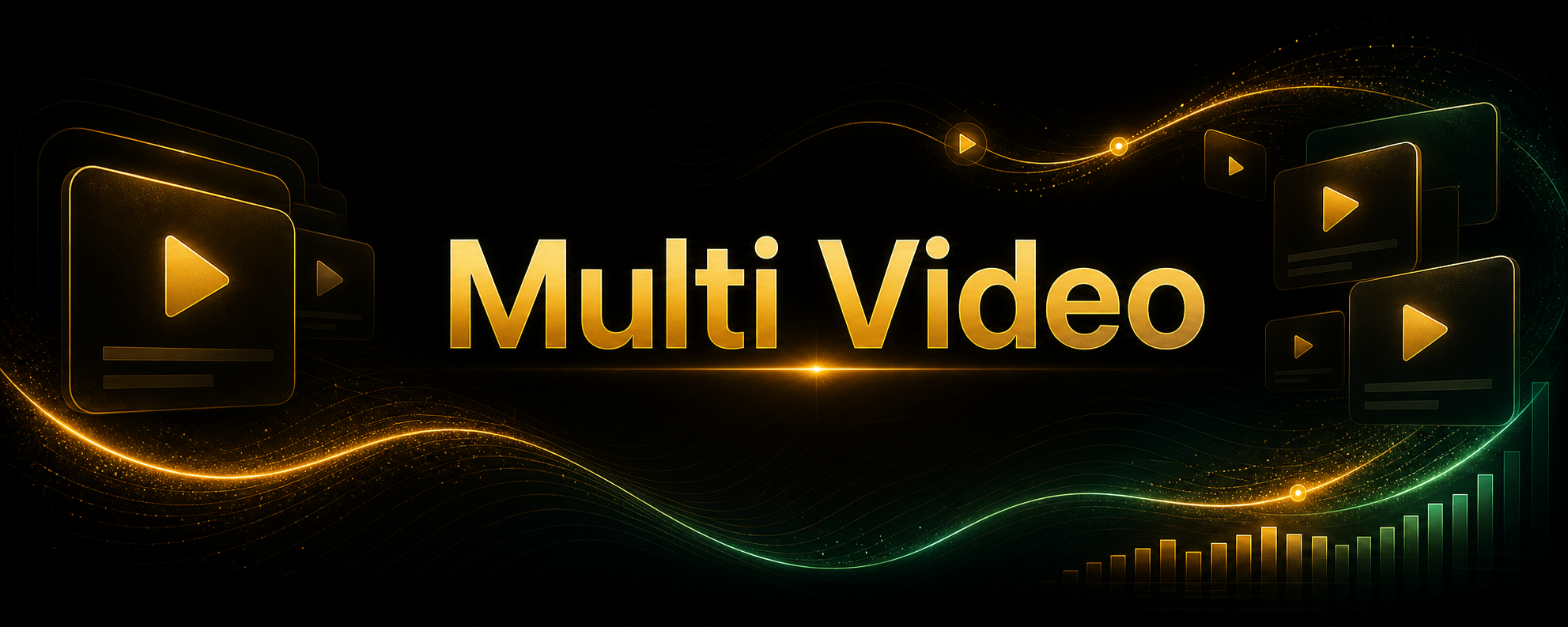 Centered Multi Video title card with subtle playlist and delivery decorations