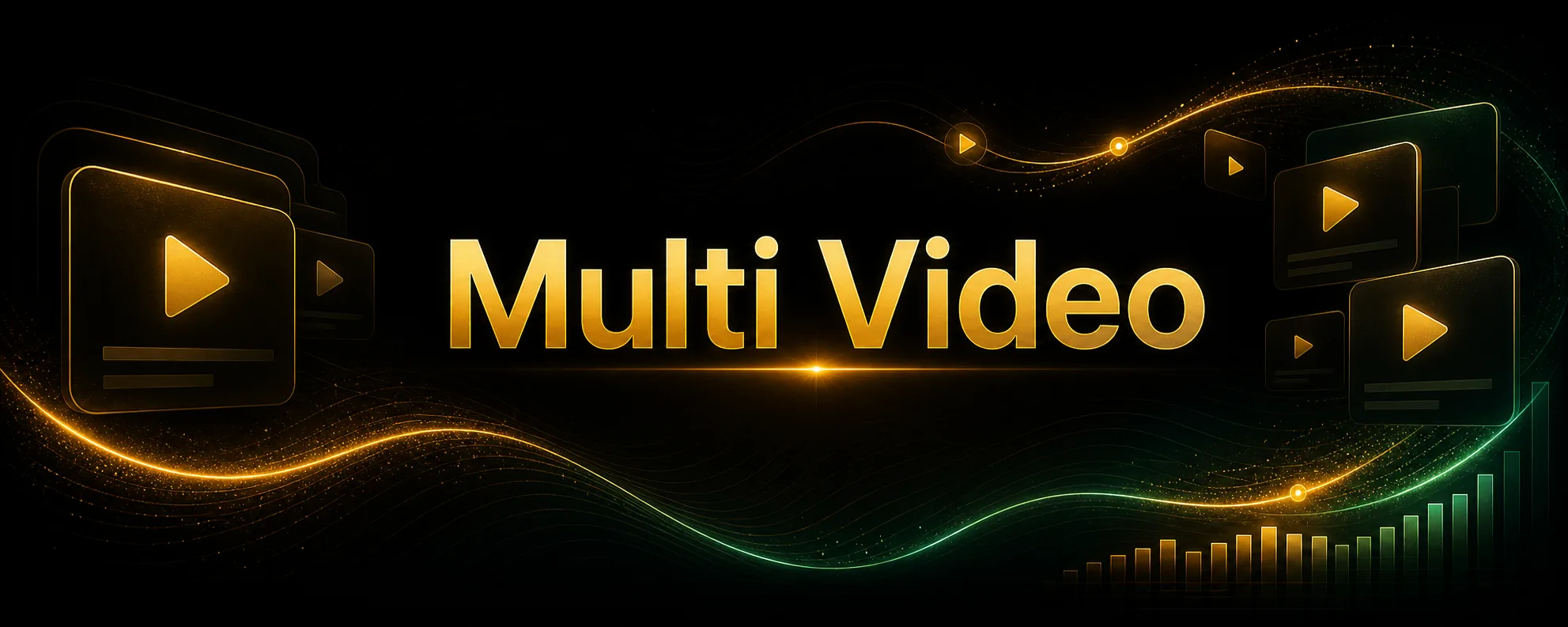 Centered Multi Video title card with subtle playlist and delivery decorations