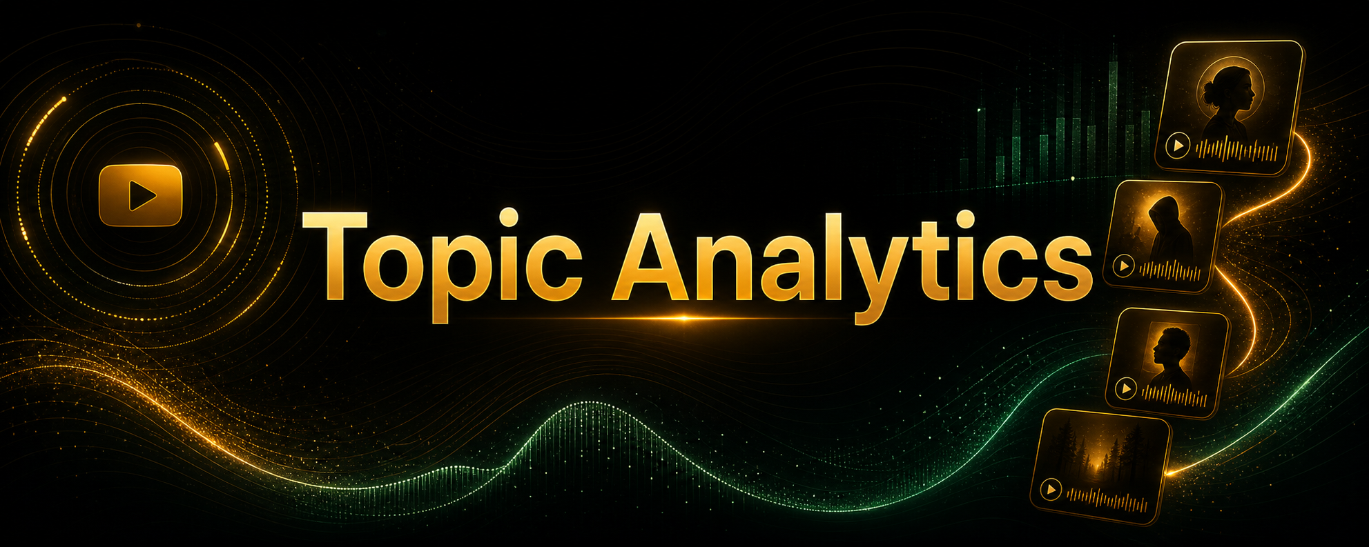 Centered Topic Analytics title card with subtle art-track and YouTube decorations