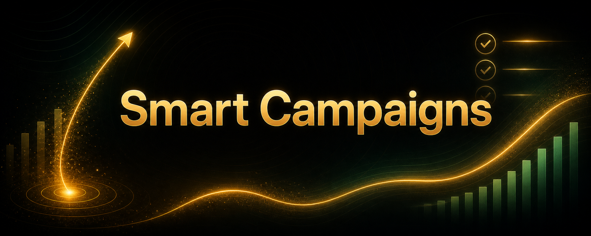 Centered Smart Campaigns title card with subtle checklist and analytics decorations