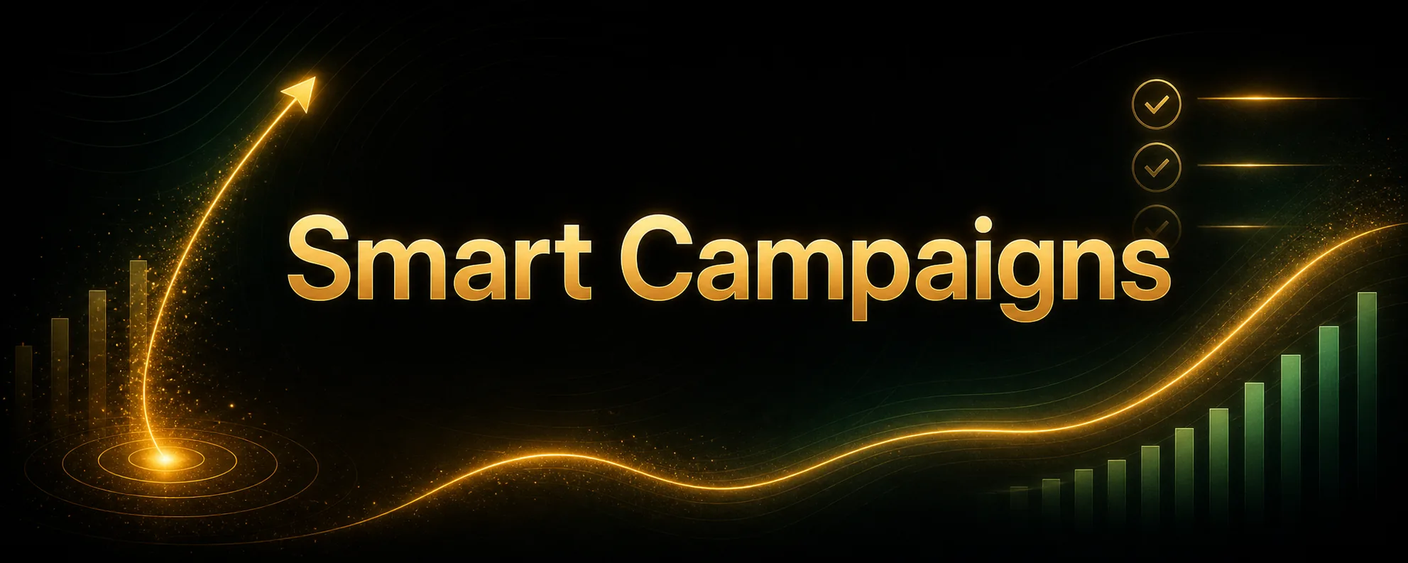 Centered Smart Campaigns title card with subtle checklist and analytics decorations