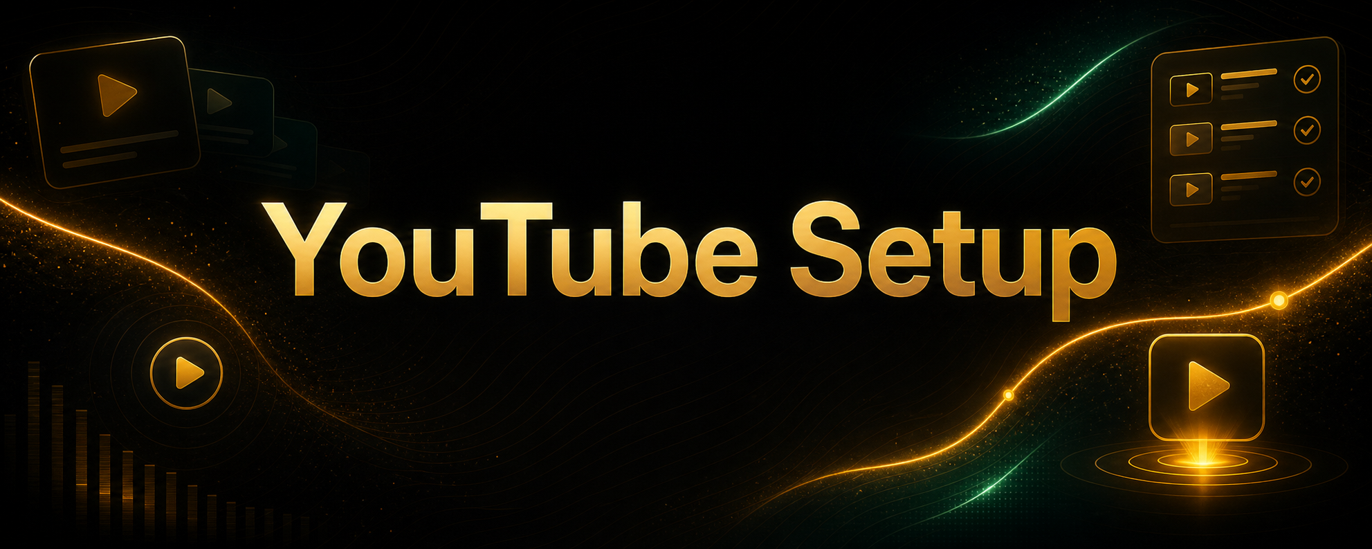 Centered YouTube Setup title card with subtle video and launch decorations
