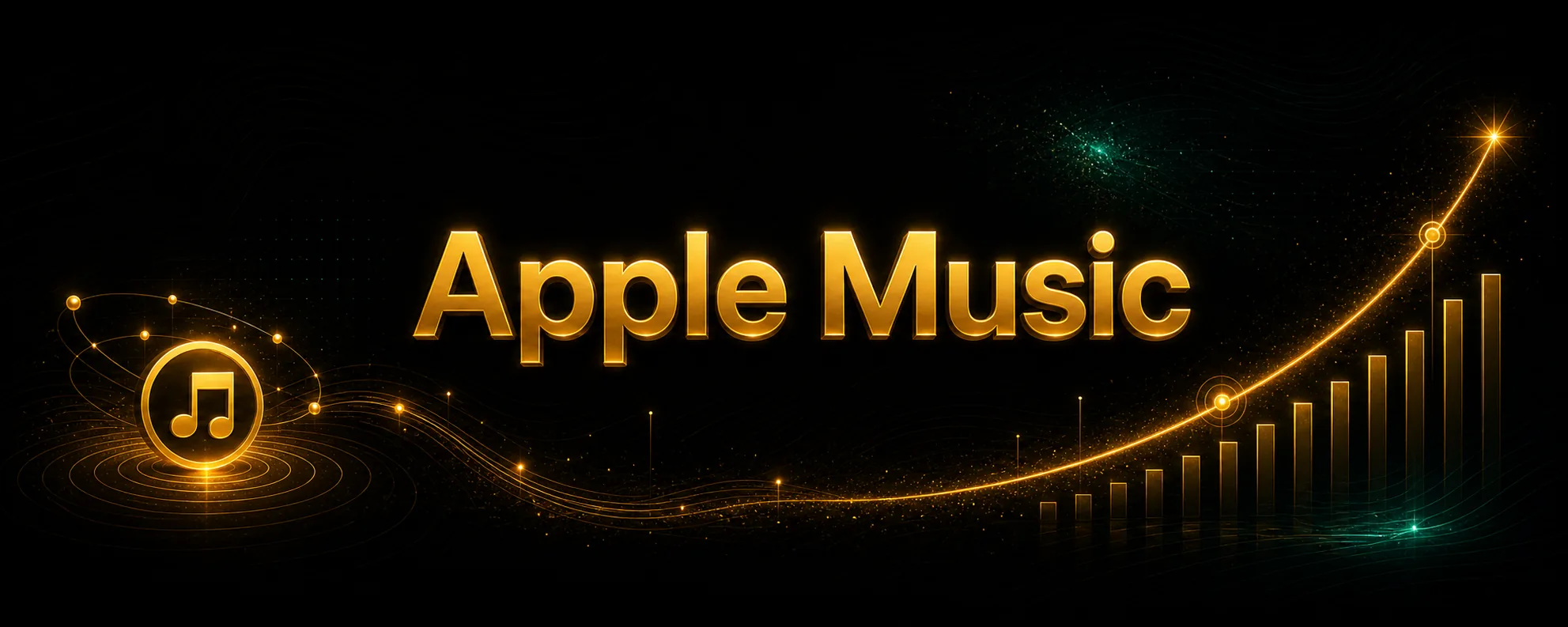 Centered Apple Music title card with subtle music-note and connection decorations