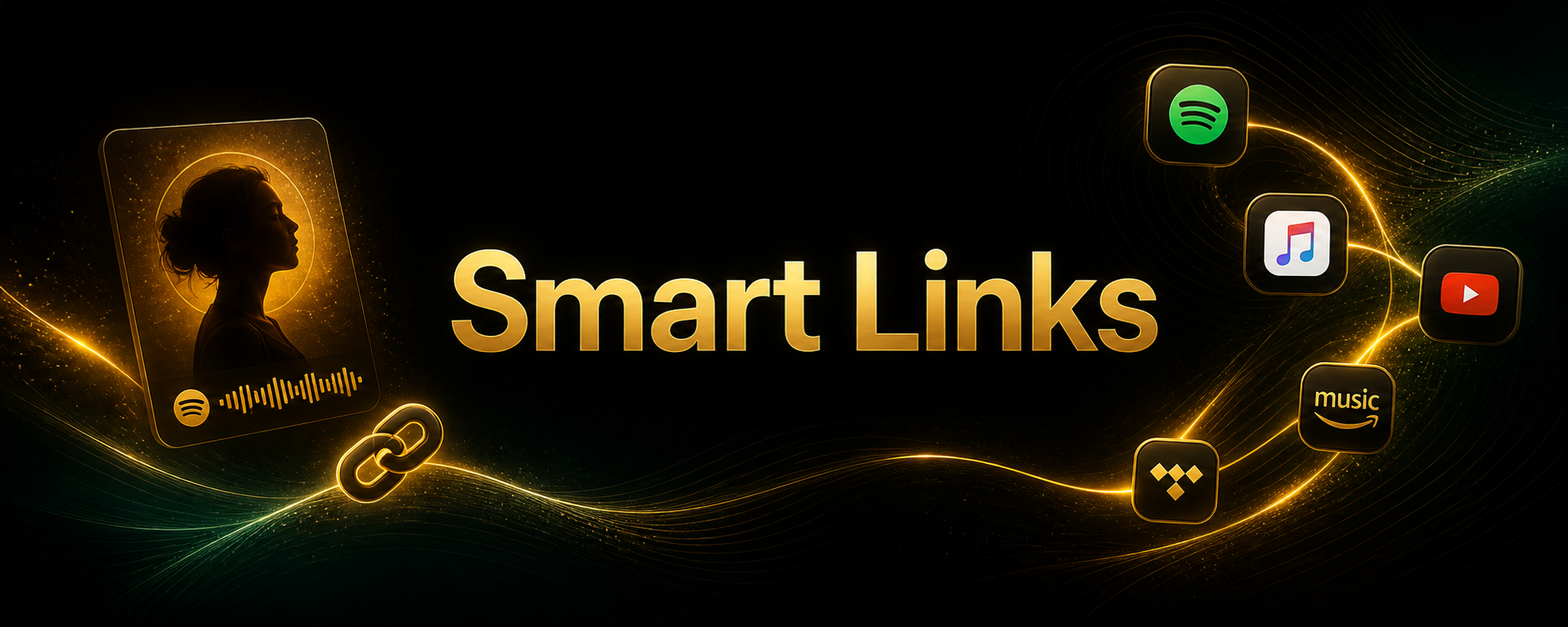Centered Smart Links title card with subtle release-page and link-ring decorations