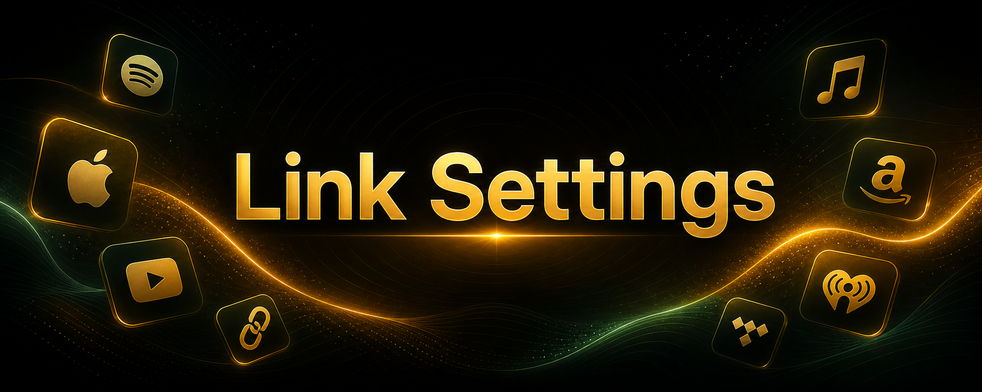 Centered Link Settings title card with subtle service button and music decorations