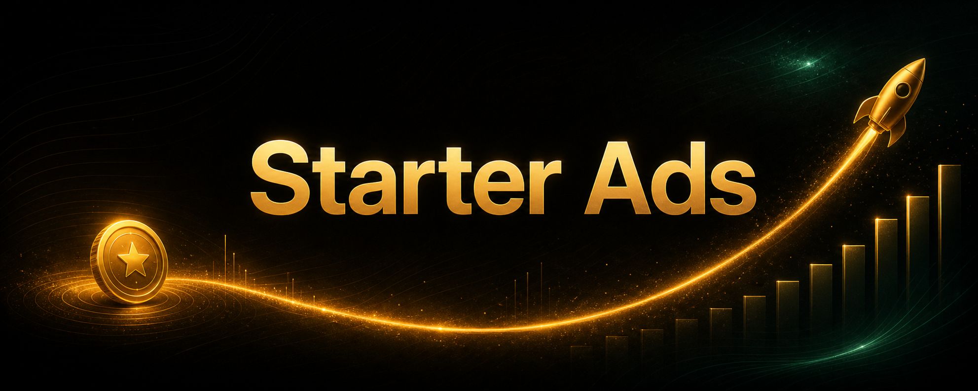 Centered Starter Ads title card with subtle campaign-credit and launch-path decorations