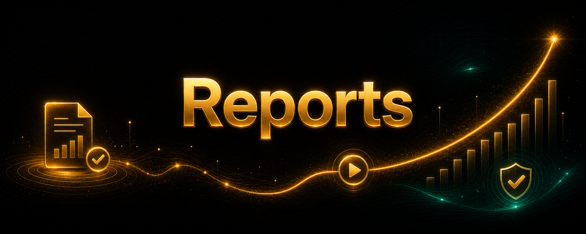 Centered Reports title card with subtle analytics and recovery-status decorations