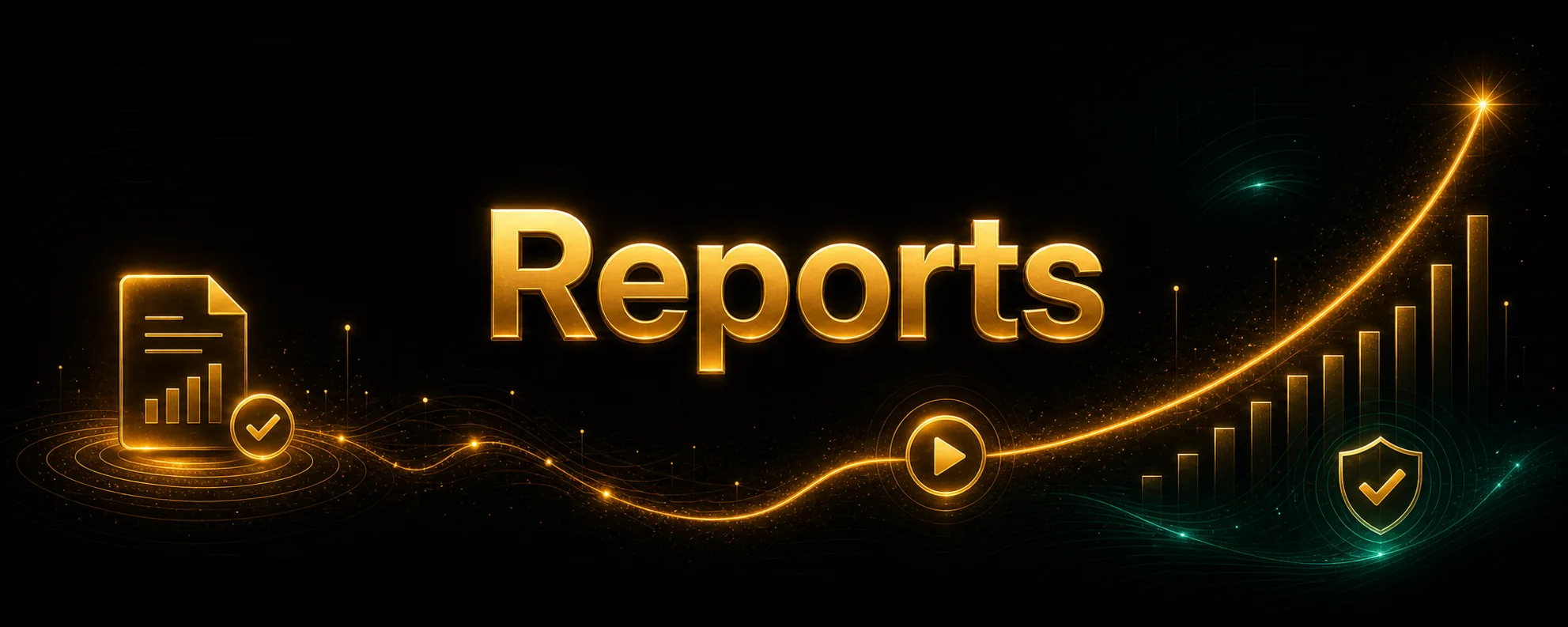 Centered Reports title card with subtle analytics and recovery-status decorations
