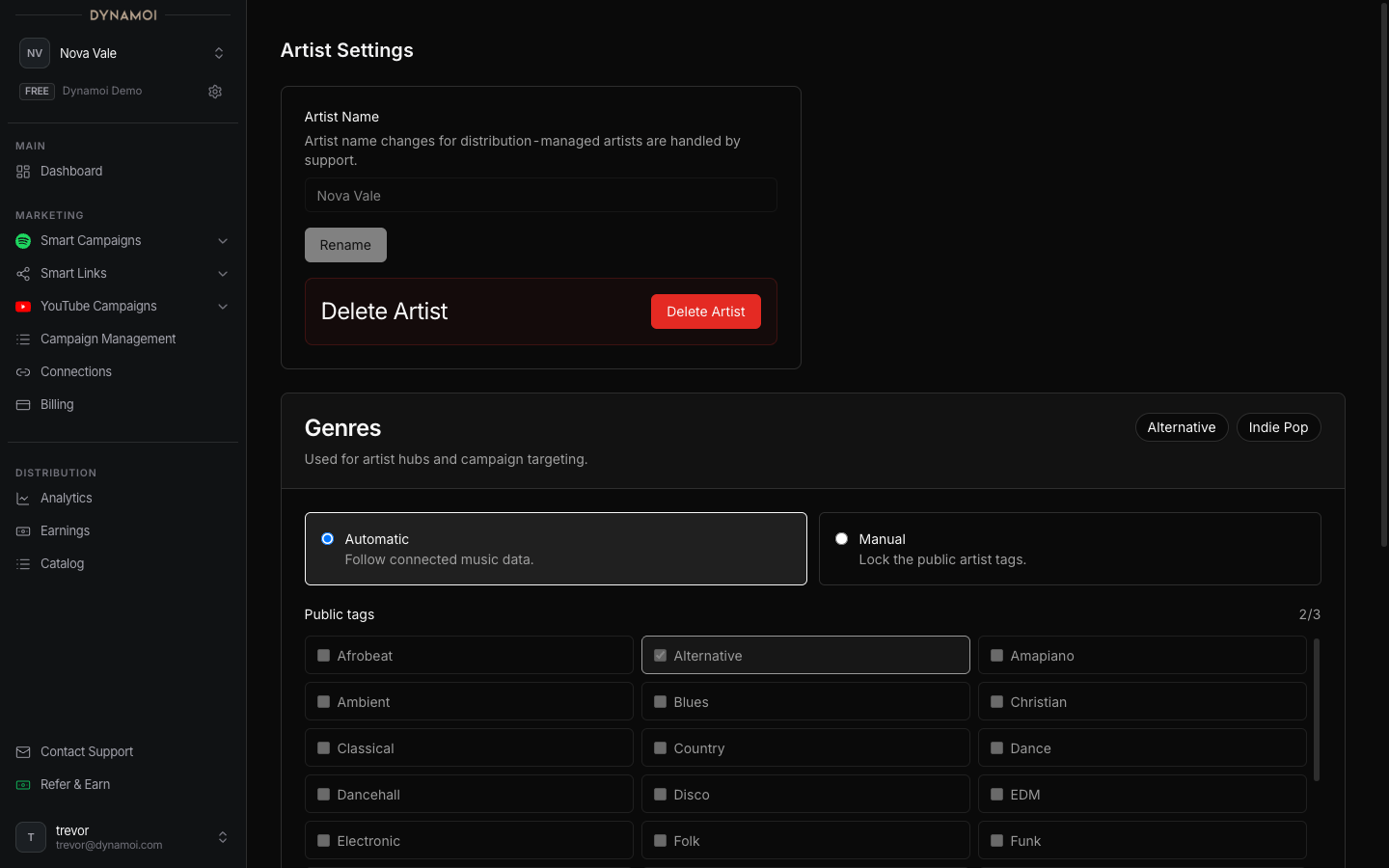 Artist Settings page showing profile configuration options