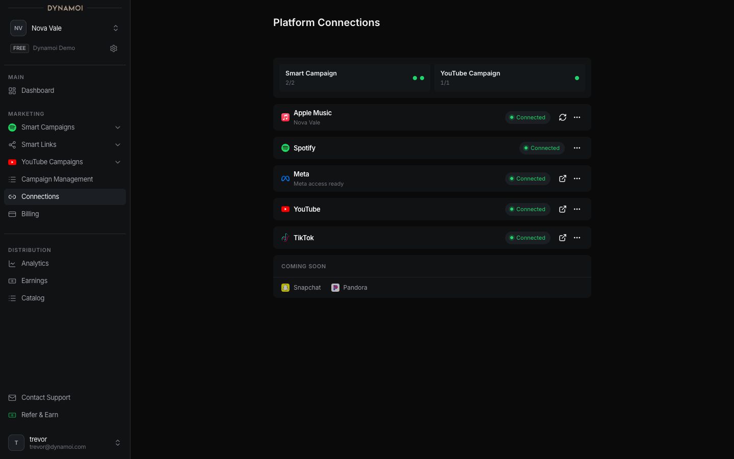 Spotify, Meta, YouTube의 연결 상태를 보여주는 플랫폼 연결 페이지