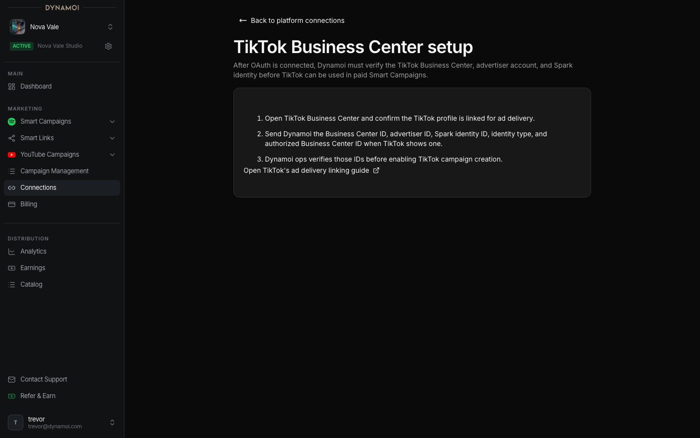 TikTok Business Center connection page showing readiness steps and account status
