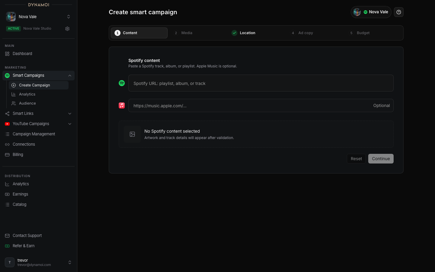 Smart Campaign wizard showing Spotify URL input field