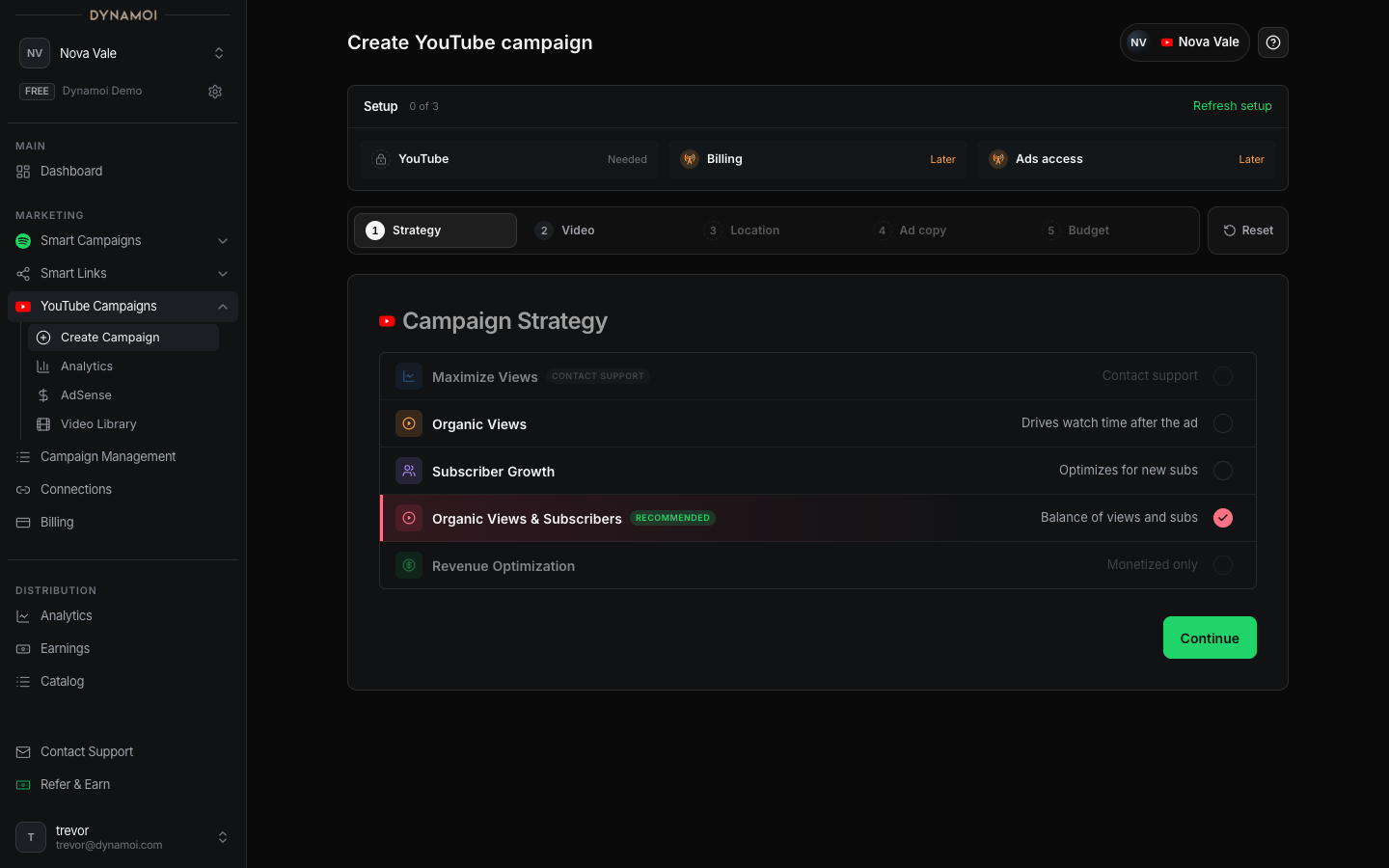 URL 入力欄、広告文、地域ターゲティング、予算の各フィールドを表示した YouTube Campaign 作成フォーム
