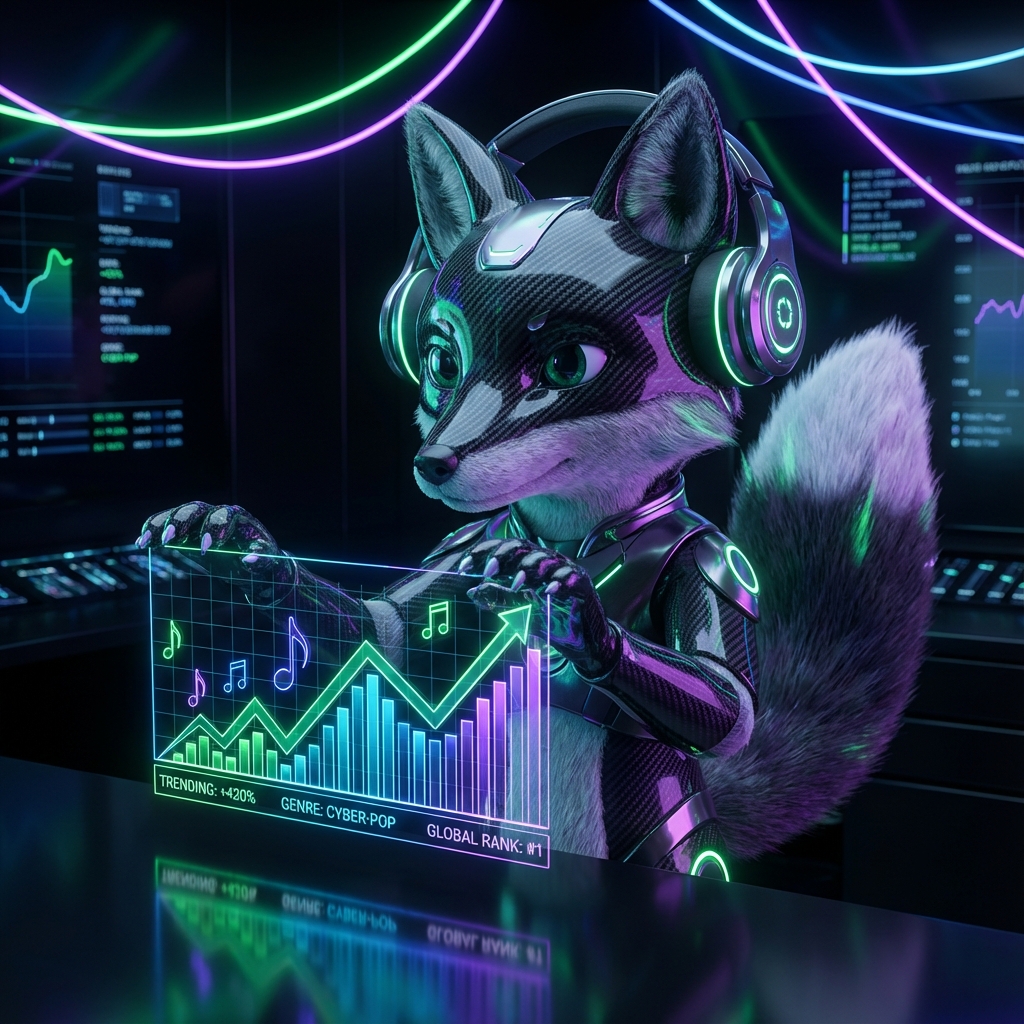 Illustration of a smart fox music marketer analyzing charts