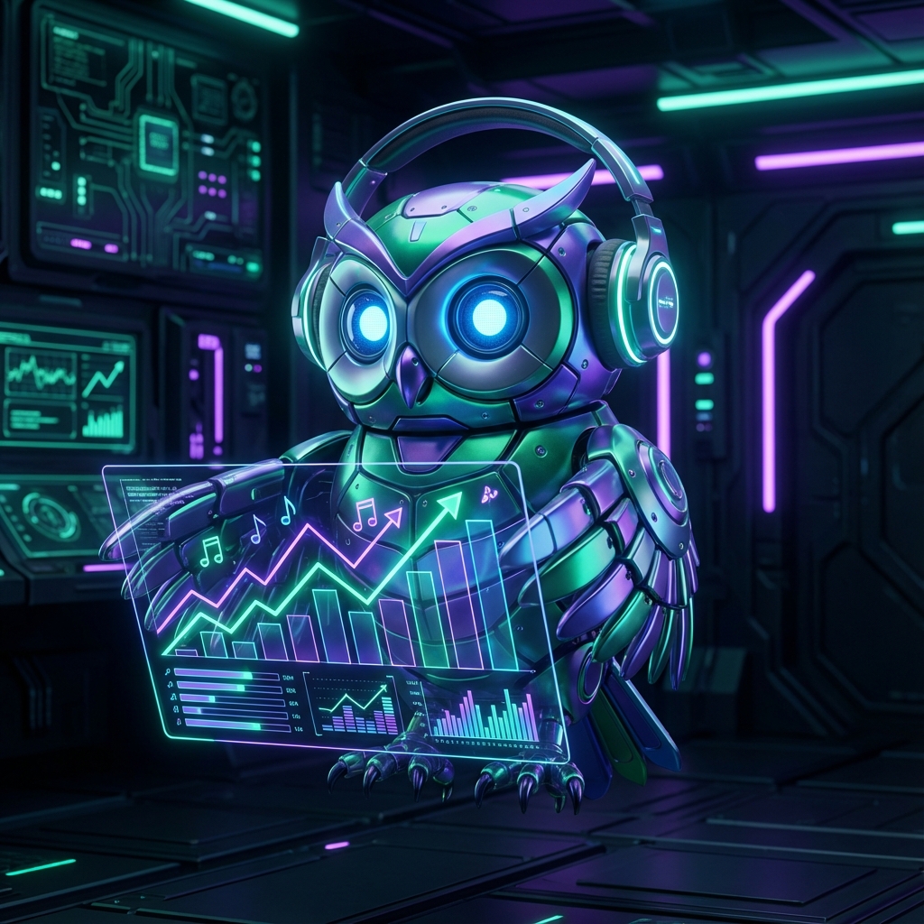 Illustration of a smart owl music marketer analyzing charts